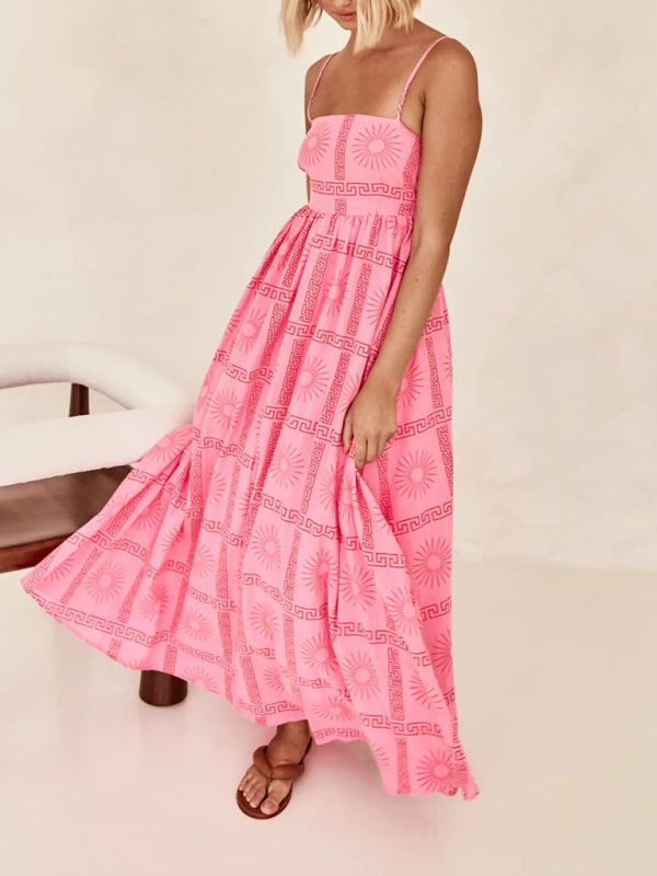 Women's fashion printed personalized back hollow suspender dress - 3 colours available