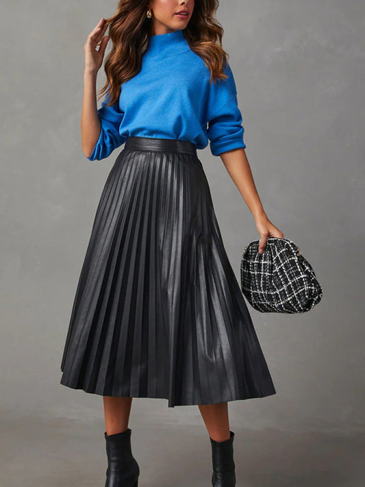 New elegant pleated PU leather skirt with waist A-line skirt and drapey large pleated skirt