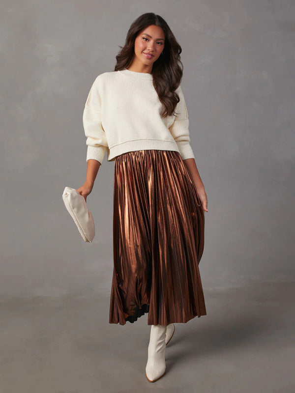 New shiny pleated high-waisted A-line mid-length skirt - 2 colours available