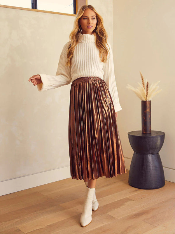 New shiny pleated high-waisted A-line mid-length skirt - 2 colours available