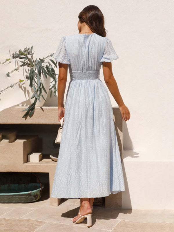 Women's New Solid Color V-Neck Long Puff Sleeve Oversized Waist Dress - 3 colours available