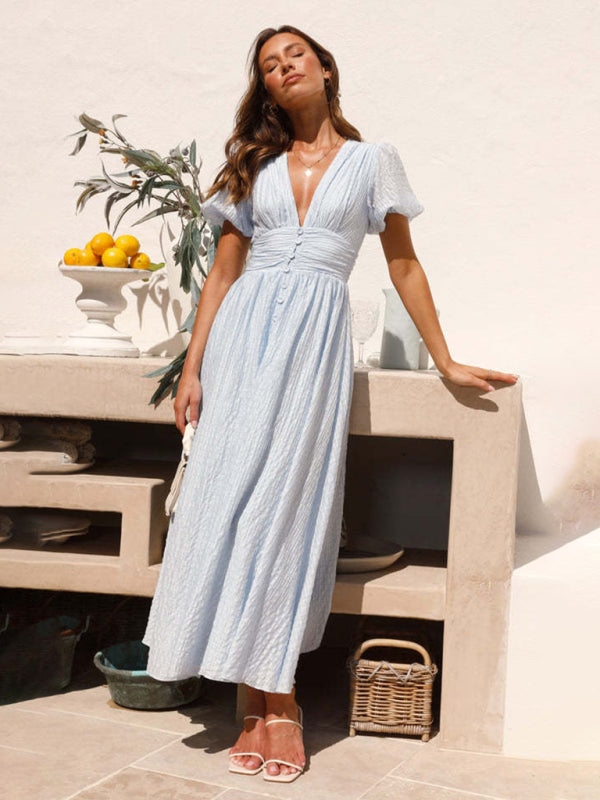 Women's New Solid Color V-Neck Long Puff Sleeve Oversized Waist Dress - 3 colours available