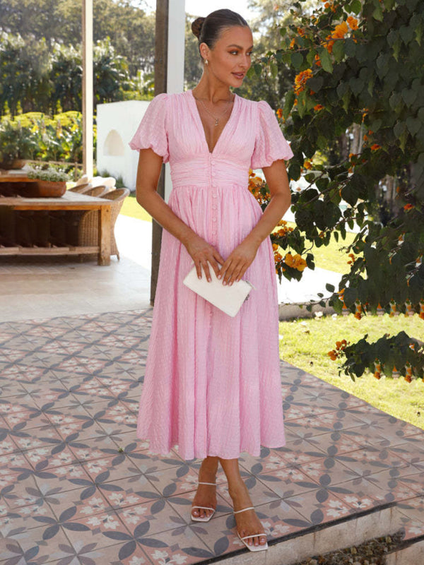 Women's New Solid Color V-Neck Long Puff Sleeve Oversized Waist Dress - 3 colours available