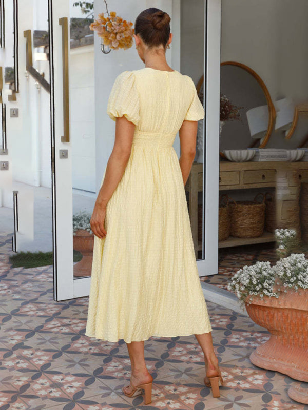 Women's New Solid Color V-Neck Long Puff Sleeve Oversized Waist Dress - 3 colours available