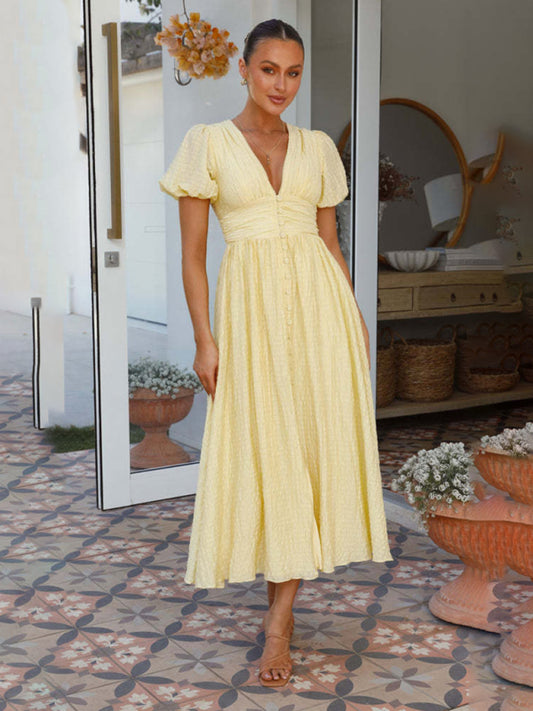 Women's New Solid Color V-Neck Long Puff Sleeve Oversized Waist Dress - 3 colours available