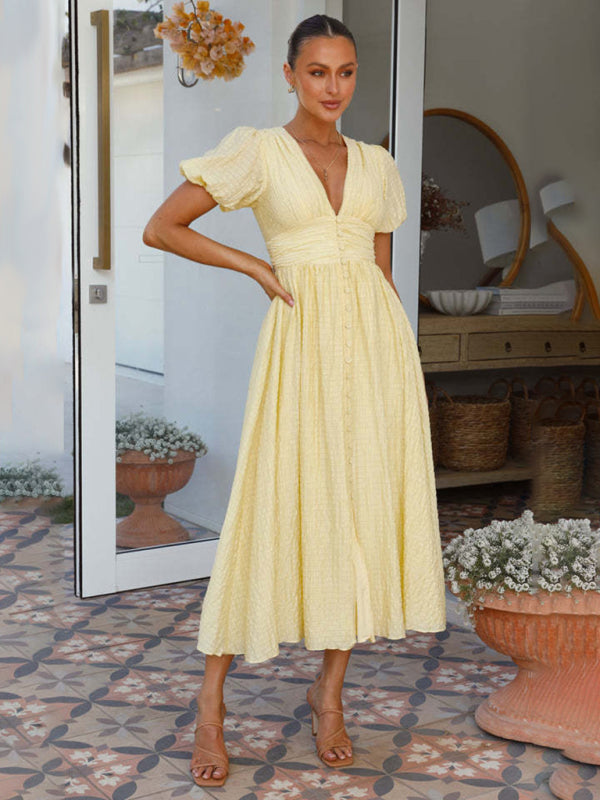 Women's New Solid Color V-Neck Long Puff Sleeve Oversized Waist Dress - 3 colours available