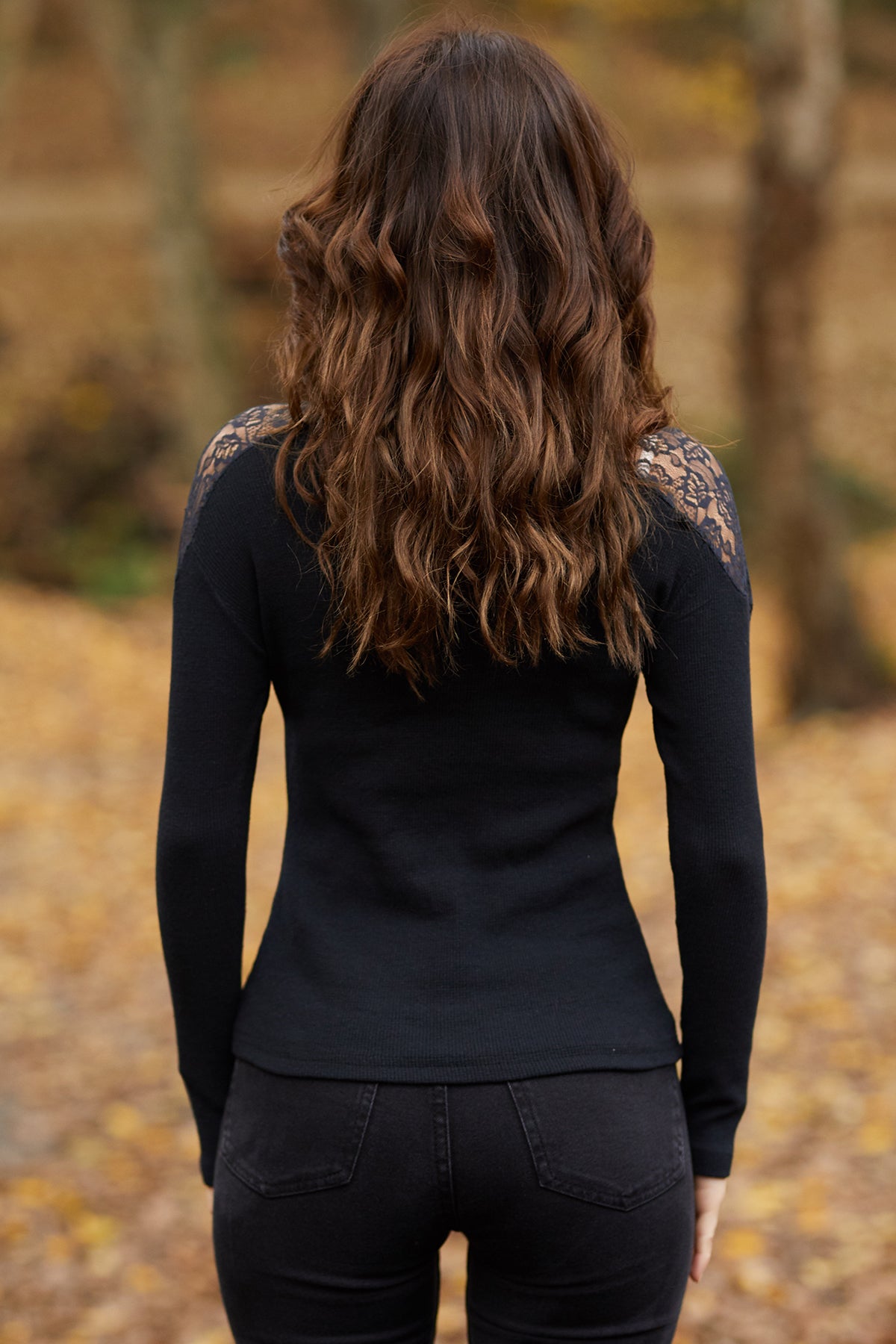 Black Ribbed Long Sleeve Polo Neck Jumper with Lace Shoulder Detail