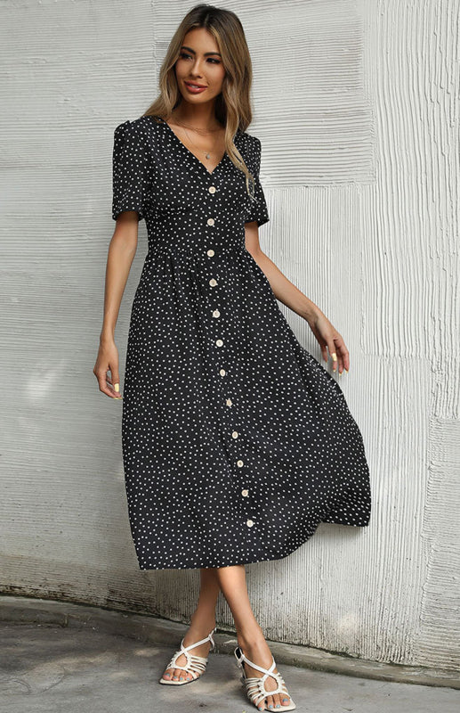 Polka Dot V-Neck Short Sleeve Commuter Dress