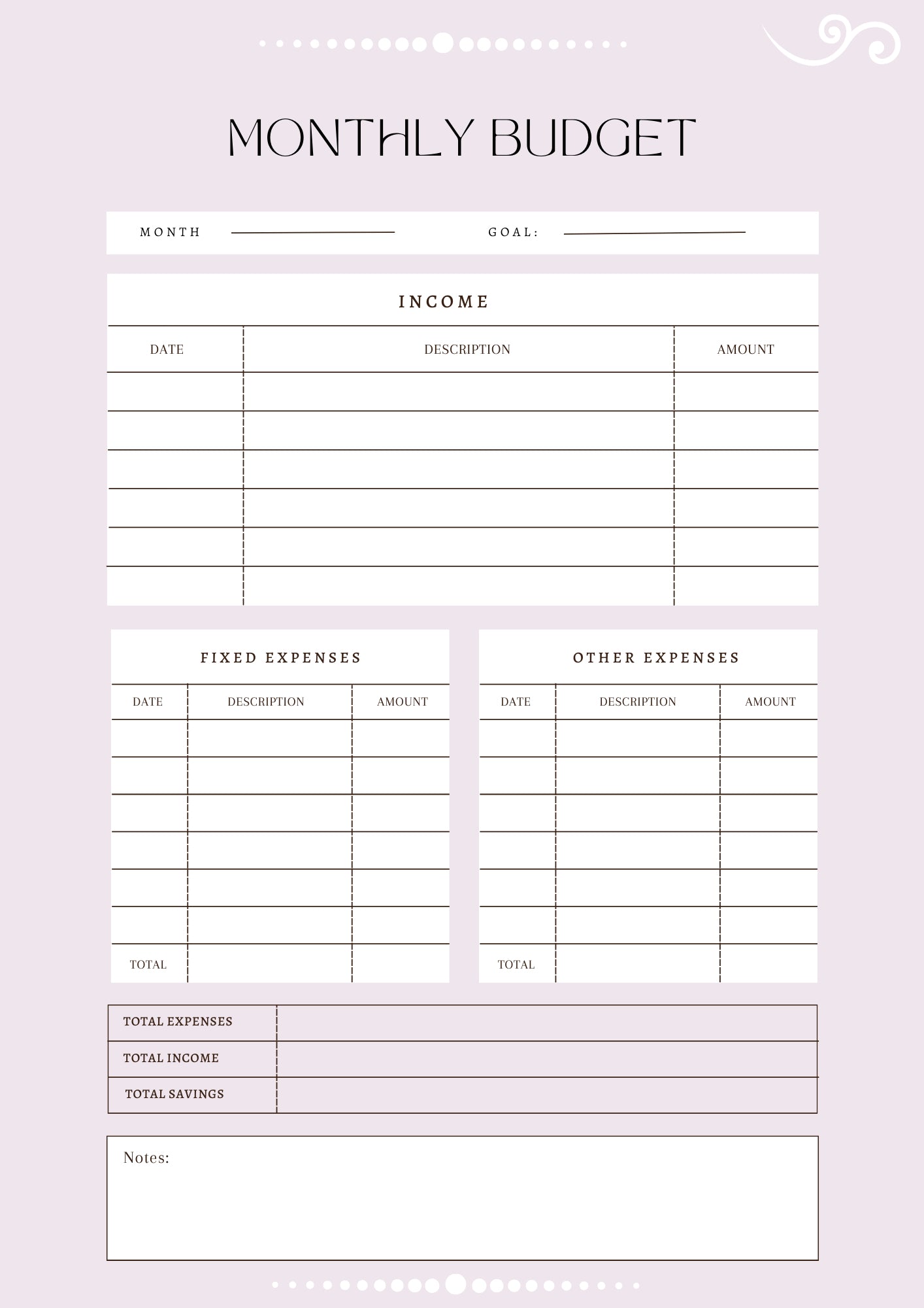 Monthly Budget Printable