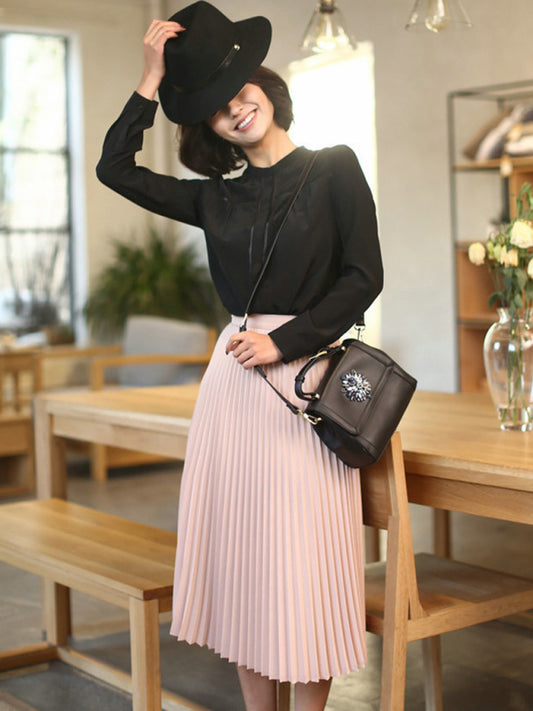 Pink & Grey Pleated Mid Length Skirts Elasticated Waistline