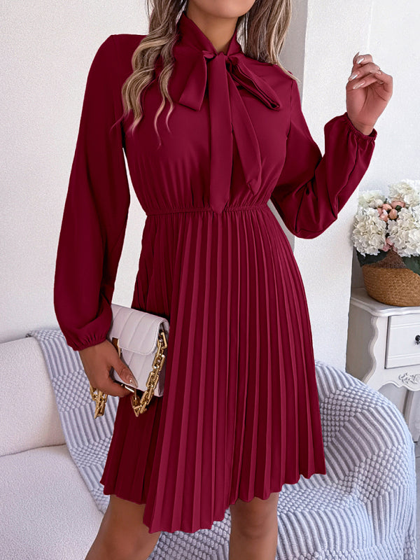 Autumn and winter temperament tie waist long sleeve pleated skirt