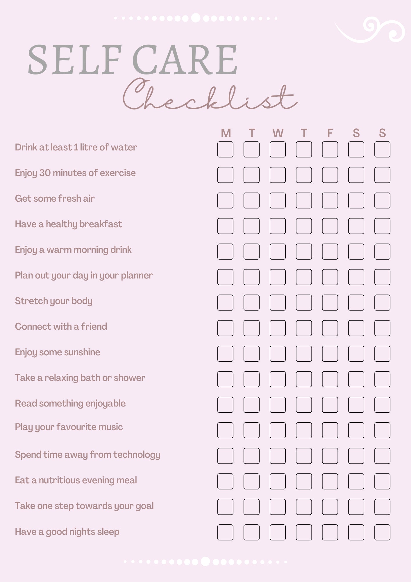 Printable Self Care Checklist