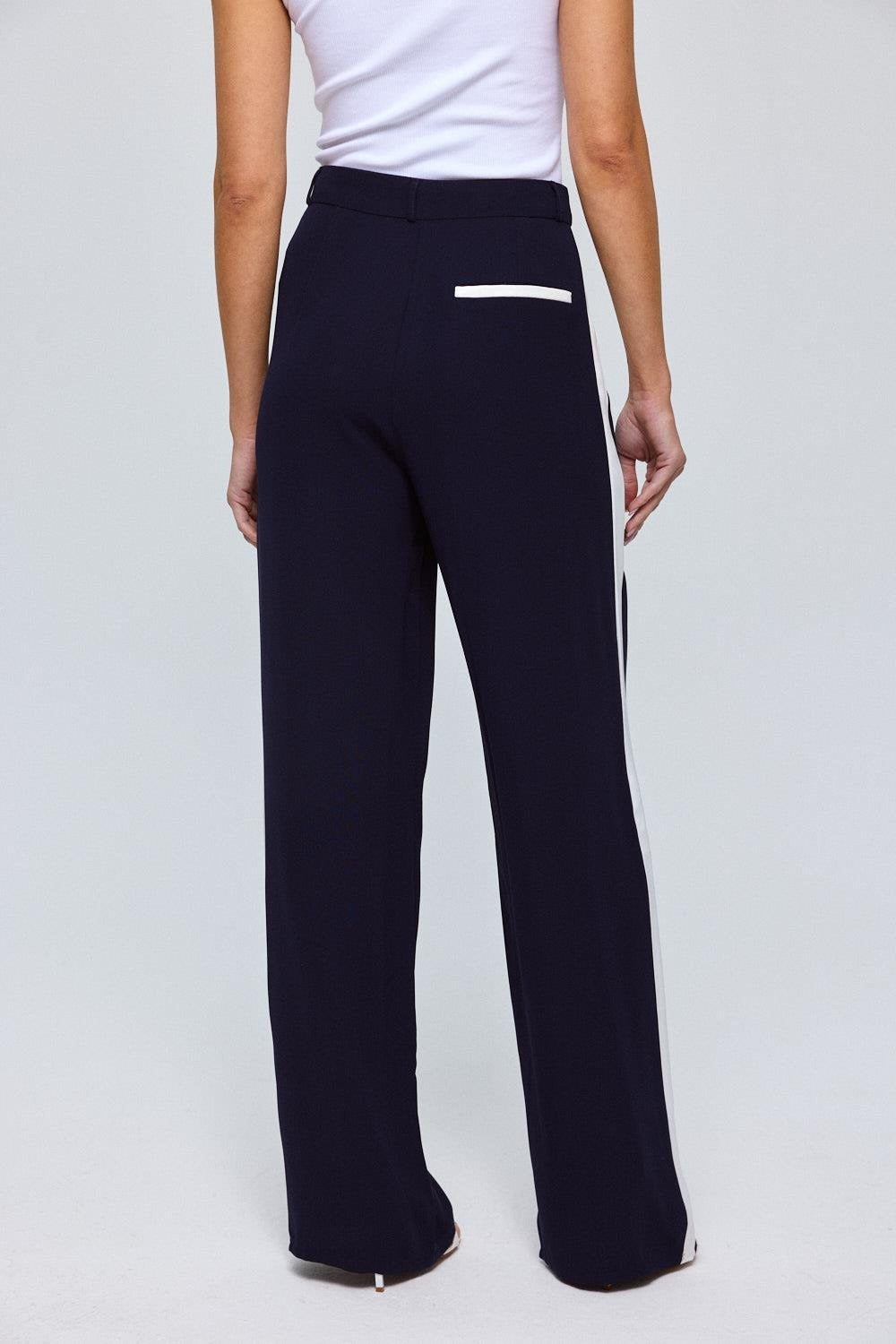 Navy Blue Button Up Trousers with Cream Side Stripe