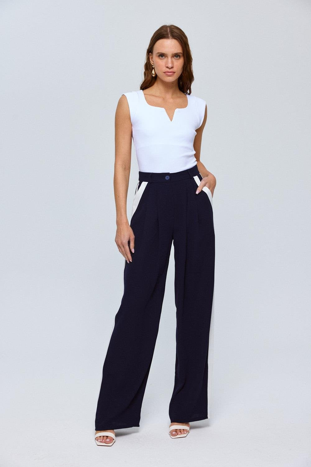 Navy Blue Button Up Trousers with Cream Side Stripe