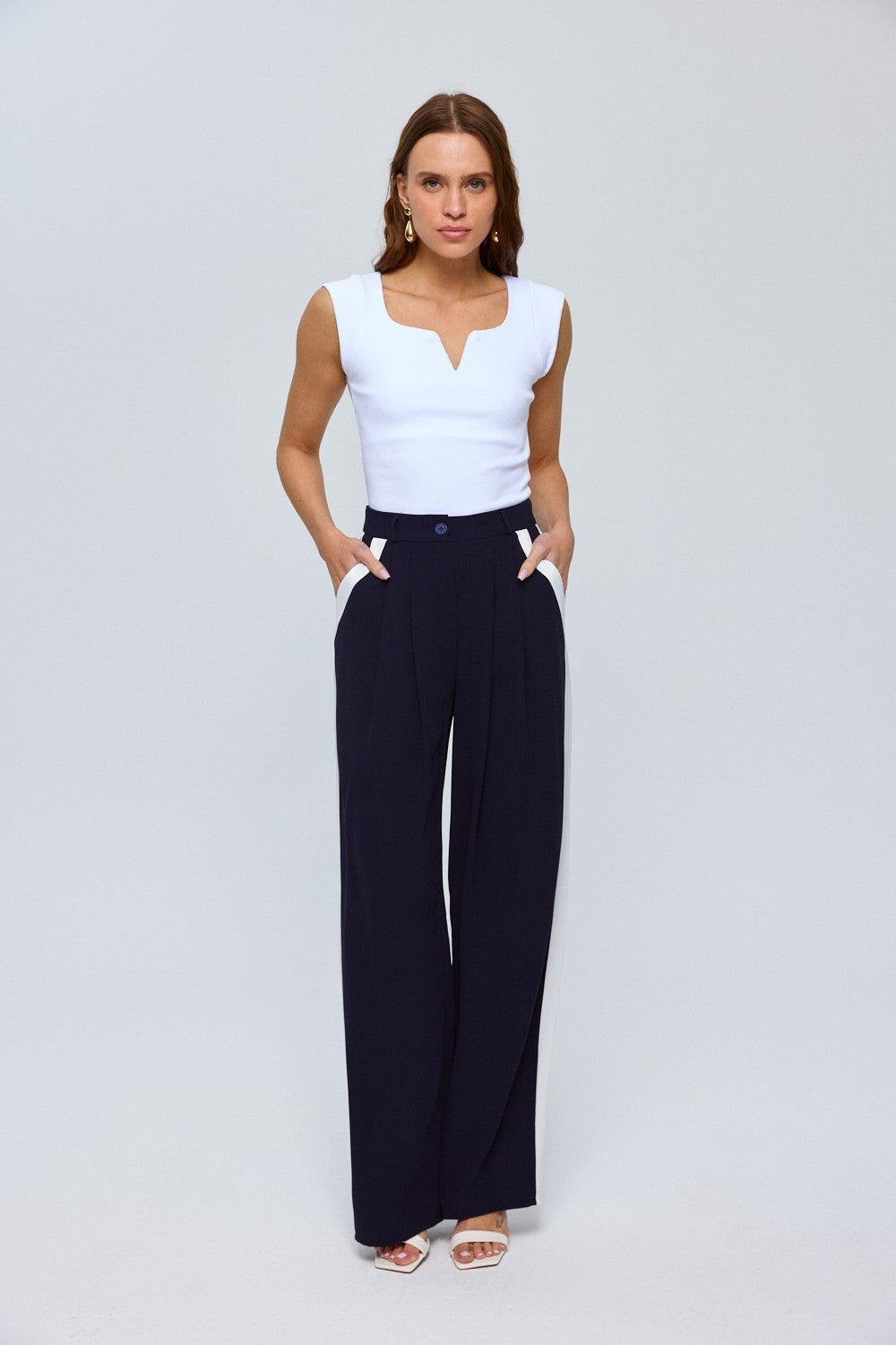 Navy Blue Button Up Trousers with Cream Side Stripe