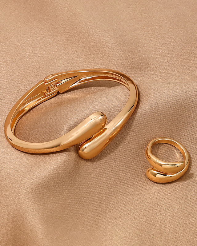 Elegant metal geometric ring smooth bracelet ring jewelry two-piece set - 2 Colours Available