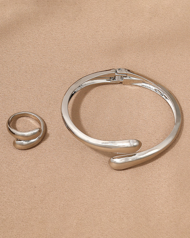 Elegant metal geometric ring smooth bracelet ring jewelry two-piece set - 2 Colours Available