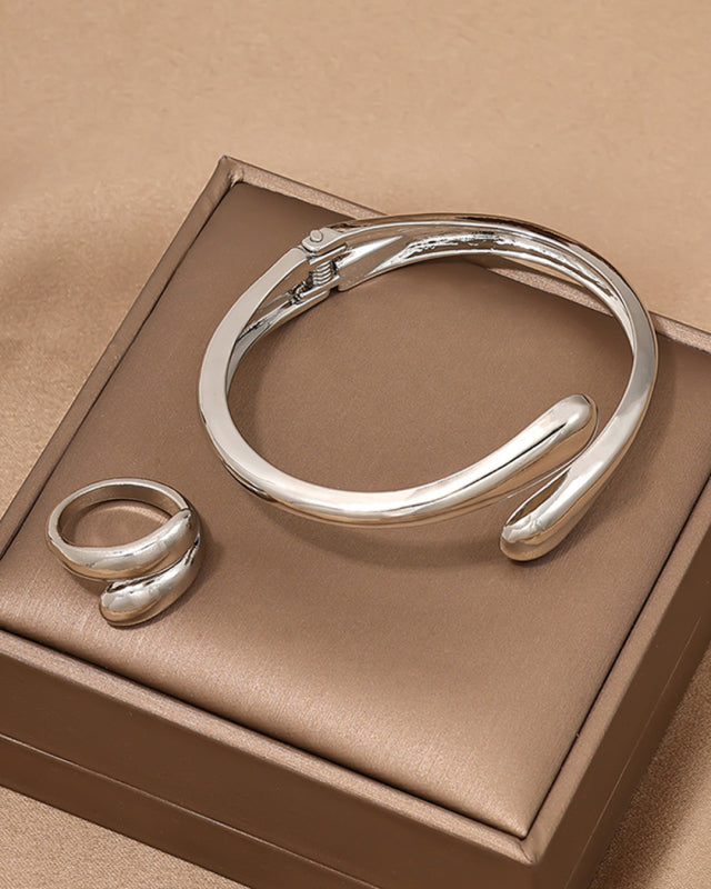 Elegant metal geometric ring smooth bracelet ring jewelry two-piece set - 2 Colours Available