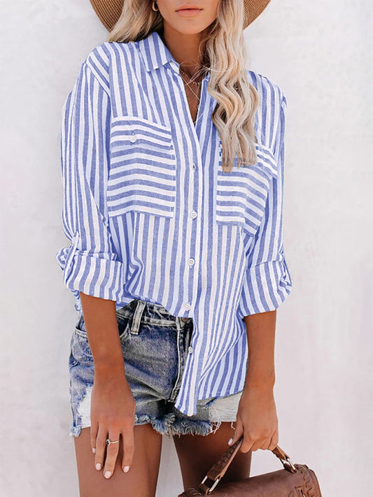 Women's Linen Cotton Washed Water Stripe Single Breasted Long Sleeve Shirt Women - 5 colours available