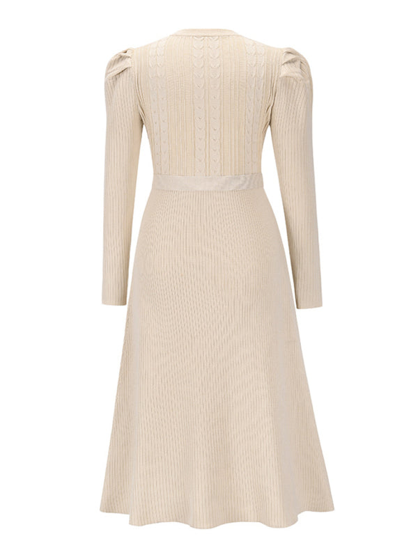 Women's wool knitted puff sleeve high waist mid length dress