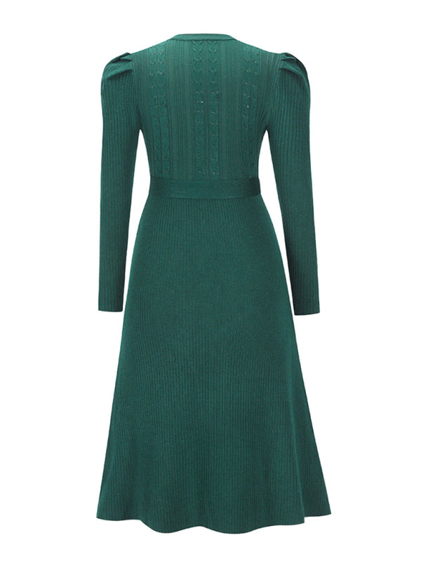 Women's wool knitted puff sleeve high waist mid length dress