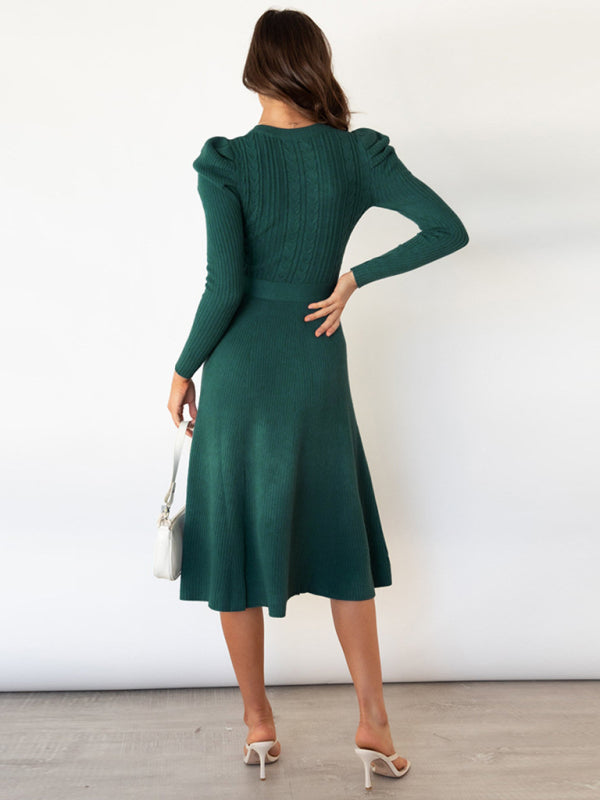 Women's wool knitted puff sleeve high waist mid length dress