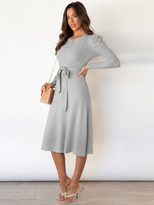 Women's wool knitted puff sleeve high waist mid length dress