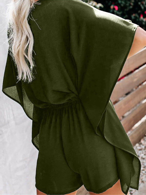 Women's solid color V-neck high waist tie loose jumpsuit - 5 colours available