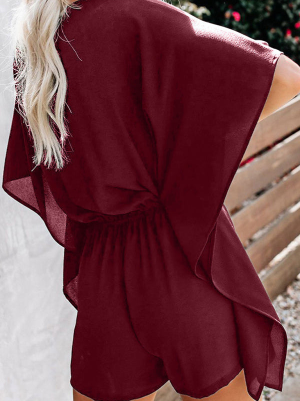 Women's solid color V-neck high waist tie loose jumpsuit - 5 colours available