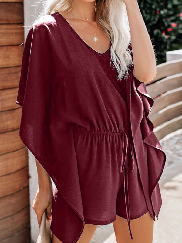 Women's solid color V-neck high waist tie loose jumpsuit - 5 colours available