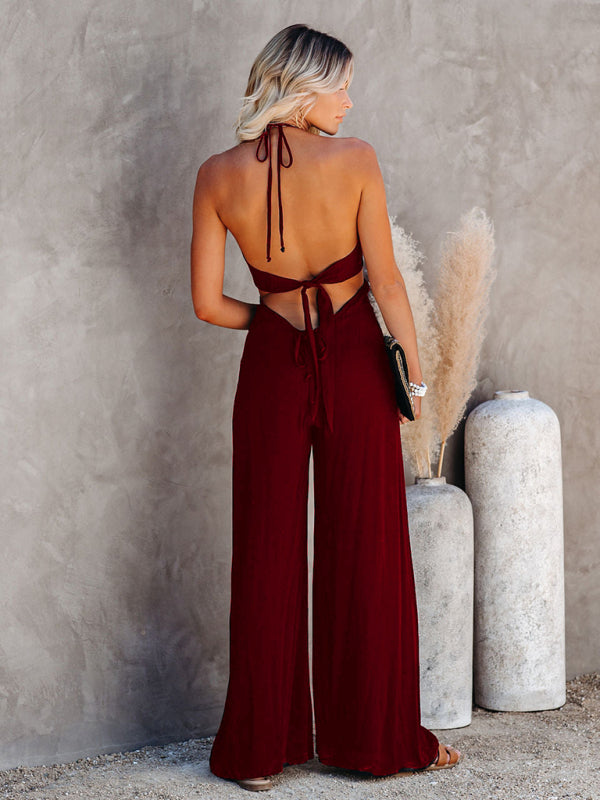 Midsummer ladies solid color U-neck backless jumpsuit wide-leg casual pants - 3 colours available