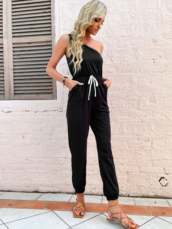 Women's solid color one-shoulder suspender jumpsuit