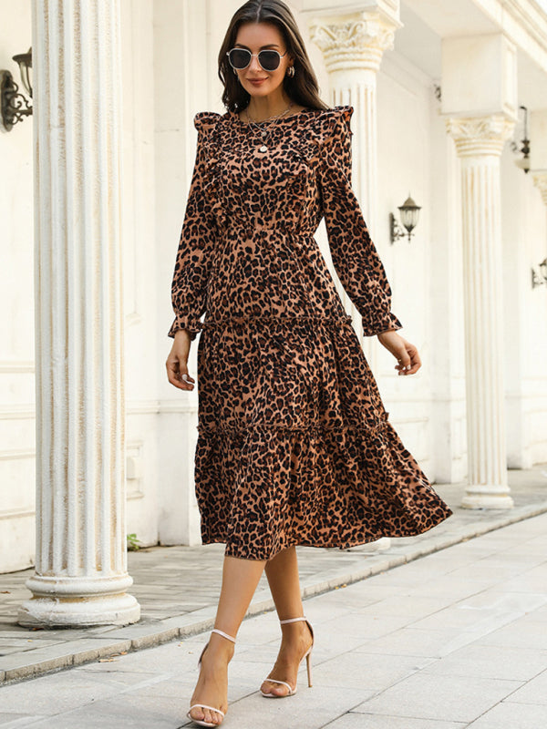 Leopard print ruffle long-sleeved mid-length dress