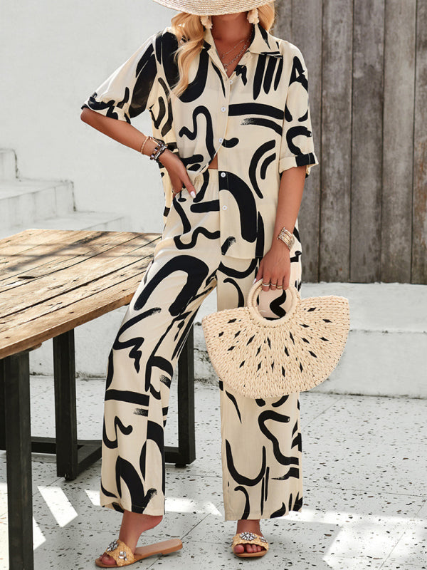 New women's casual fashion printed lapel short-sleeved shirt and trousers vacation suit - 4 colours