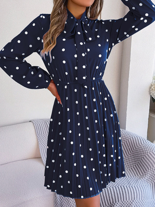 Women's elegant polka-dot lace-up waist long-sleeved pleated skirt