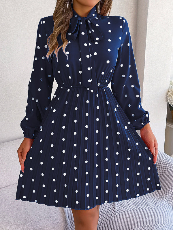 Women's elegant polka-dot lace-up waist long-sleeved pleated skirt