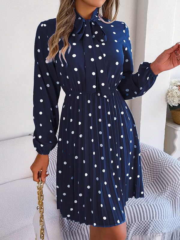 Women's elegant polka-dot lace-up waist long-sleeved pleated skirt