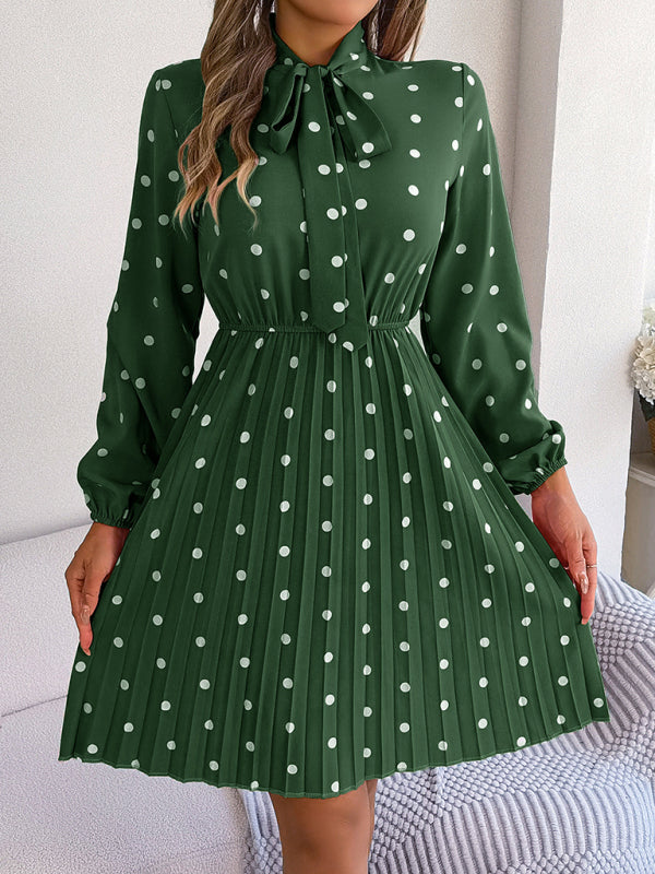 Women's elegant polka-dot lace-up waist long-sleeved pleated skirt