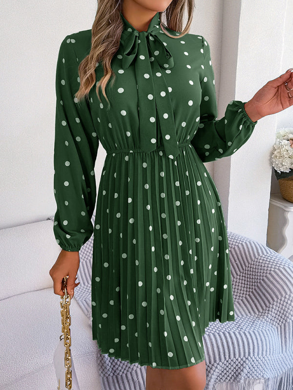 Women's elegant polka-dot lace-up waist long-sleeved pleated skirt