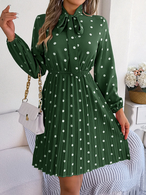 Women's elegant polka-dot lace-up waist long-sleeved pleated skirt