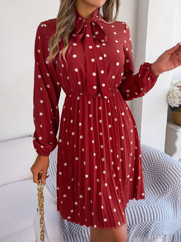 Women's elegant polka-dot lace-up waist long-sleeved pleated skirt