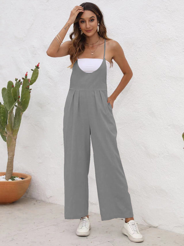 New solid color casual suspender jumpsuit - 4 colours available