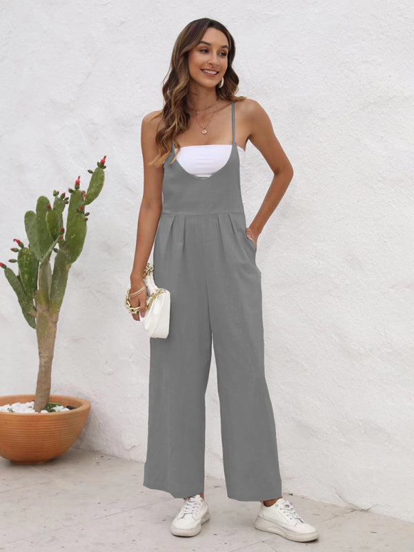 New solid color casual suspender jumpsuit - 4 colours available