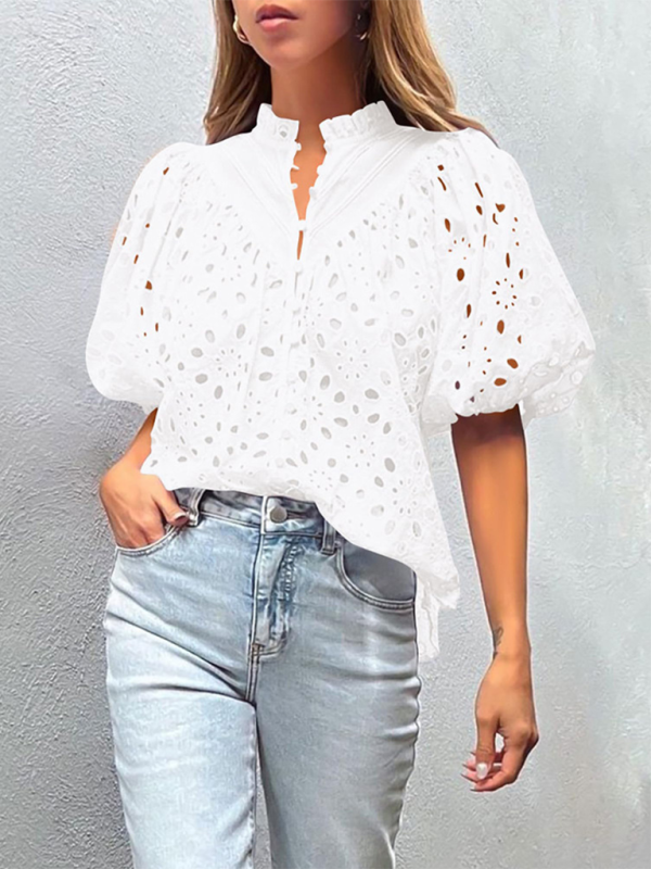 Women's New Style Puff Sleeve Embroidered Shirt - 4 colours available
