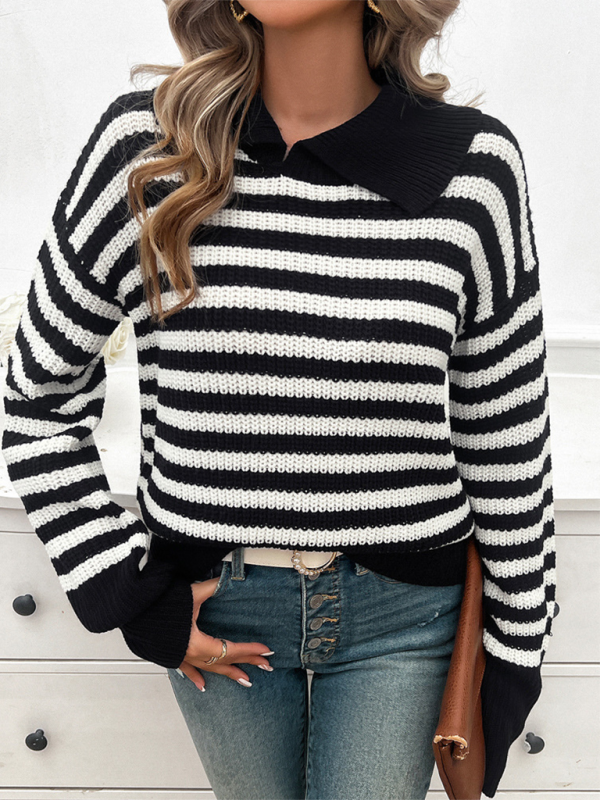 Women's Casual Loose Lapel Striped Long Sleeve Sweater