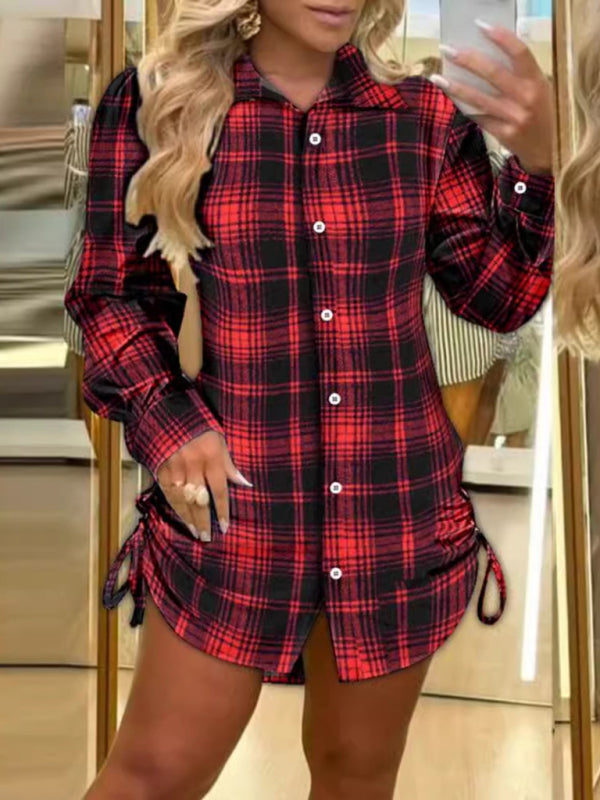 Fashionable plaid shirt dress with drawstrings on both sides