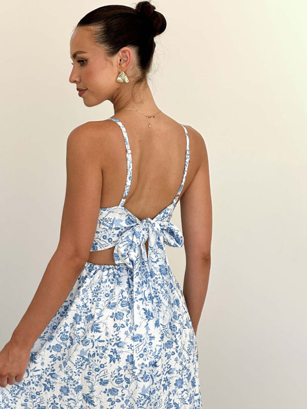New V-neck waist holiday long dress sexy backless bow tie dress