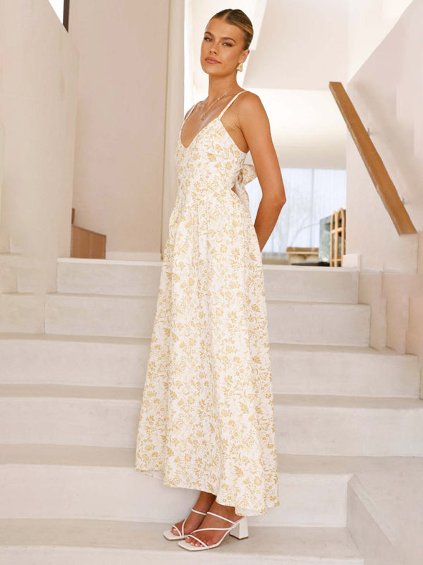 New V-neck waist holiday long dress sexy backless bow tie dress