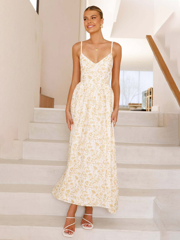 New V-neck waist holiday long dress sexy backless bow tie dress