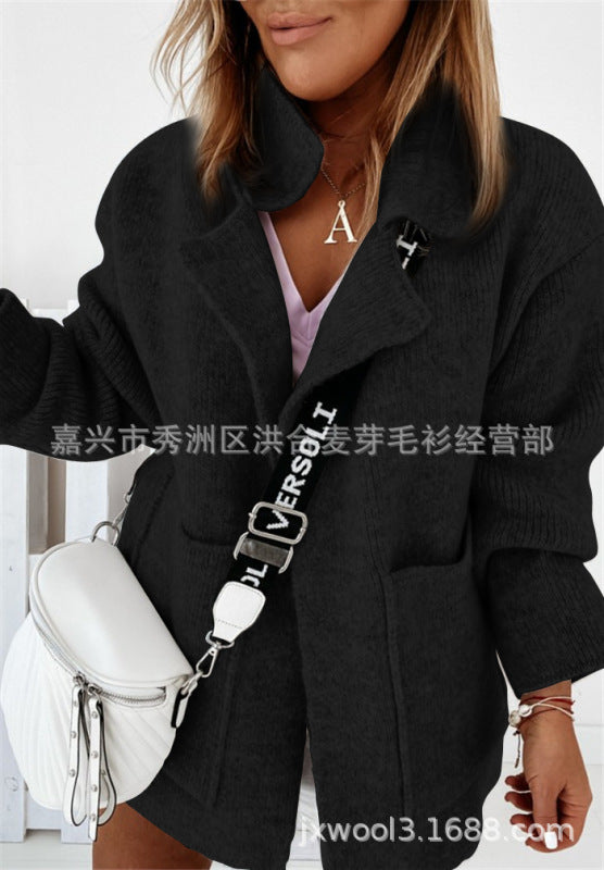 Women's suit collar large pockets loose knitted cardigan